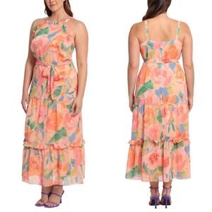 Maggy London Saoirse Dress Floral Halter Ruffle Tiered Maxi Sky Blue Peach 16